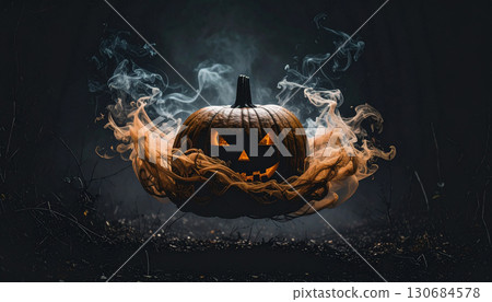 Abstract Halloween Smoke Forming Pumpkin Shape. Hallowen Concept. Generated Image 130684578