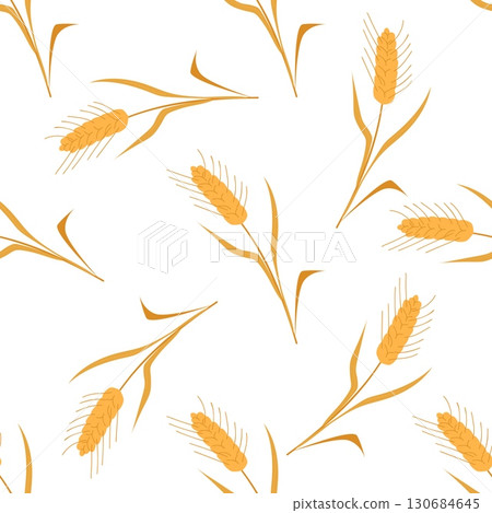 Seamless pattern of golden wheat stalks with leaves on white background symbolizing harvest farming and natural agriculture 130684645