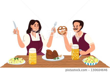 Smiling couple in traditional Bavarian outfits enjoying Oktoberfest meal with pretzel roast chicken beer and German side dishes at wooden table 130684646