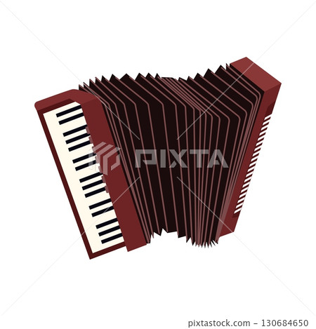Traditional accordion in red with piano keys and bellows isolated on white background for folk music festival or cultural event design 130684650