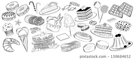 Cakes, ice cream and sweets collection - vector illustration 130684652
