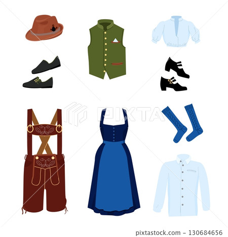 Traditional Bavarian clothing set including dirndl lederhosen blouse shoes socks vest shirt and alpine hat for Oktoberfest or folk festival 130684656
