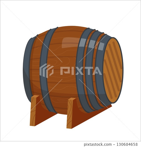 Wooden beer barrel with metal bands on wooden stand for Oktoberfest brewery or pub design isolated on white background 130684658