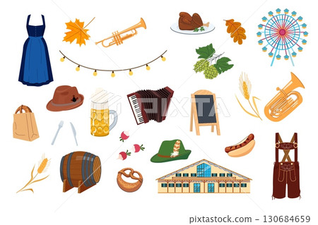 Traditional Oktoberfest elements with beer mug pretzel bratwurst dirndl lederhosen hats music instruments and autumn decorations 130684659