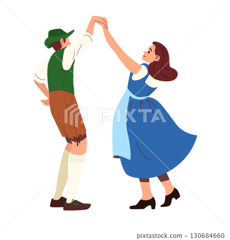 Man and woman dancing in traditional Bavarian clothing with dirndl and lederhosen for Oktoberfest celebration or folk festival 130684660