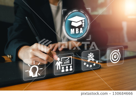 MBA concept with digital icons representing business strategy, innovation, and leadership in a modern educational setting. 130684666