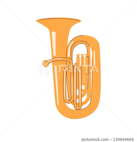 Brass tuba musical instrument in orange color with curved tubing and three valve buttons isolated on white background 130684668