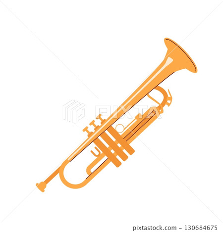Classic brass trumpet in orange color with three valve buttons and flared bell angled on white background for music and band themed designs 130684675