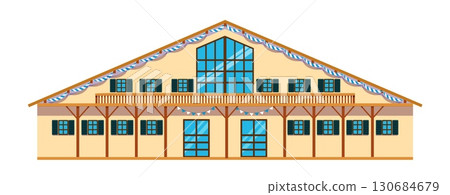 Traditional Bavarian beer hall building with wooden beams green shutters and festive blue and white garlands on facade 130684679