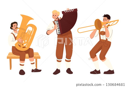 Men in traditional Bavarian clothing playing tuba accordion and trombone during folk music performance on white background 130684681