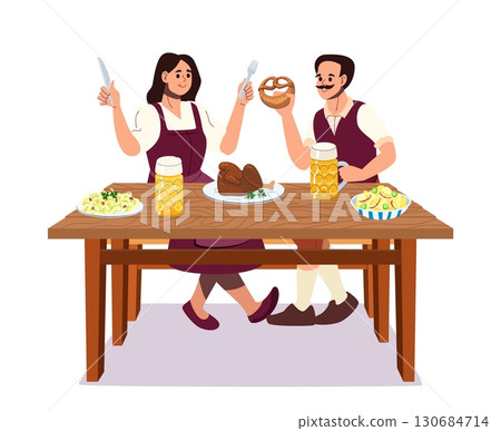 Couple in traditional Bavarian costumes sitting at wooden table enjoying beer pretzel roast chicken and festive meal during Oktoberfest celebration Couple in traditional Bavarian costumes sitting at wooden table enjoying beer pretzel roast chicken and festive meal during Oktoberfest celebration 130684714