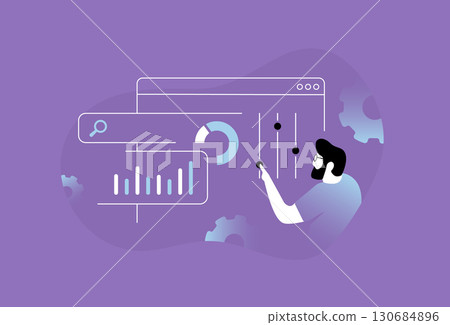 Analytics dashboard interface with charts, sliders and performance metrics in abstract digital style for business analytics intelligence and UI design. Modern flat gradient linear vector illustration 130684896