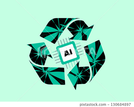 Eco AI technology with central processor chip and recycle icon inspired geometric shapes symbolizing sustainable innovation. Artificial intelligence and clean energy, vector illustration Eco AI technology with central processor chip and recycle icon inspired geometric shapes symbolizing sustainable innovation. Artificial intelligence and clean energy, vector illustration 130684897
