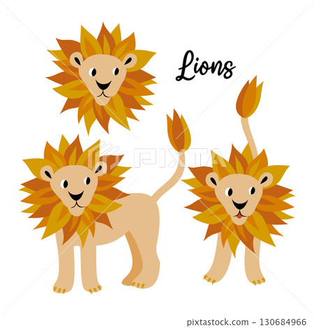 Vector set of illustrations with lions in cartoon style 130684966