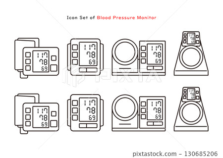 Icon set of blood pressure monitors of various shapes Icon set of blood pressure monitors of various shapes 130685206