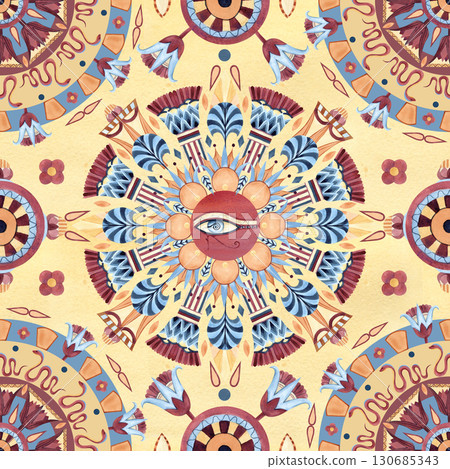 Egyptian ethnic seamless pattern, ornament round, eye of Horus. Carpet style, sacred lotus. Watercolor illustration isolated on yellow background for textile, souvenirs merchandise, packaging 130685343