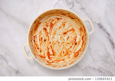 Empty cooking pan after preparing a delicious homemade pasta dish with tomato sauce Empty cooking pan after preparing a delicious homemade pasta dish with tomato sauce 130685421