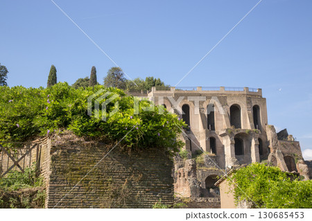 Rome, Italy - August 17, 2019: View of the ancient structures of the Roman Forum 130685453
