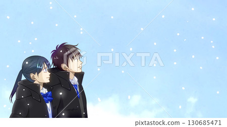 Snow falling quietly, anime-style illustration of high school or junior high school boys and girls looking up at the sky, with white space on the right Snow falling quietly, anime-style illustration of high school or junior high school boys and girls looking up at the sky, with white space on the right 130685471