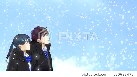 Snow falling quietly, anime-style illustration of high school or junior high school boys and girls looking up at the sky, with white space on the right Snow falling quietly, anime-style illustration of high school or junior high school boys and girls looking up at the sky, with white space on the right 130685473