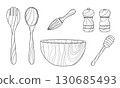 Line drawing illustration of wooden cooking utensils 130685493
