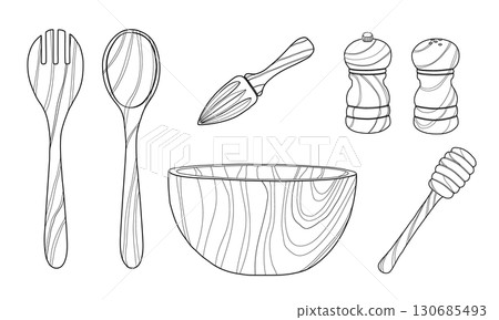 木製炊具的線條畫插圖 130685493