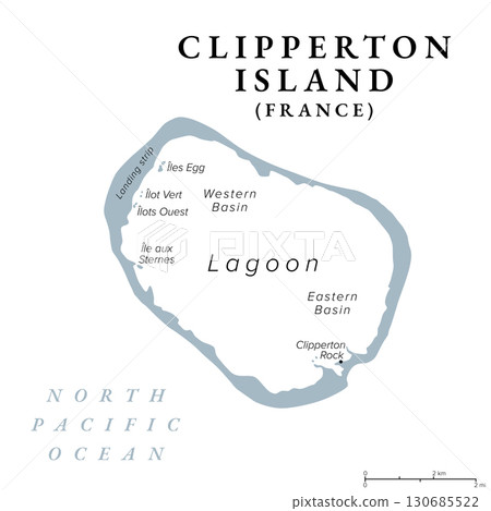 Clipperton Island, gray political map. Also known as Clipperton Atoll, an uninhabited French coral atoll in the eastern Pacific Ocean and the only French territory in the North Pacific. Vector Clipperton Island, gray political map. Also known as Clipperton Atoll, an uninhabited French coral atoll in the eastern Pacific Ocean and the only French territory in the North Pacific. Vector 130685522