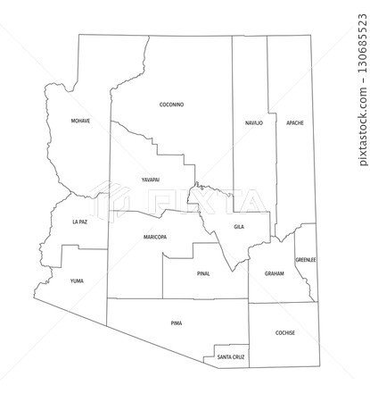 State of Arizona, divided into 15 counties, outline map. Landlocked state, in the Southwestern region of the United States, nicknamed Grand Canyon State. Map with county borders and names. Vector 130685523