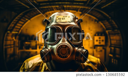 地下室裡戴著防毒面具的令人毛骨悚然的人 130685592