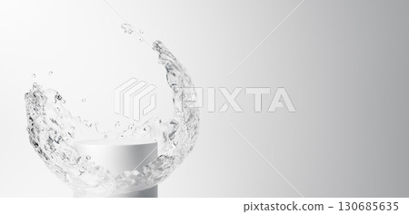 A white pedestal and water flowing vigorously in a circular pattern on a white background. Copy space. 3D (horizontal) A white pedestal and water flowing vigorously in a circular pattern on a white background. Copy space. 3D (horizontal) 130685635