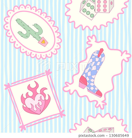 Cowgirl seamless pattern. Cowboy western theme, cactus, cowboy boots, flame heart and dice in girly pink frame. Hand-drawn cartoon print on a stripy blue background. Vector wallpaper, t-shirt and 130685649