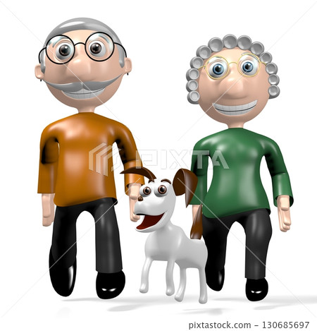 3D grandparents/ seniors running with a dog 130685697