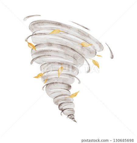 Pastel beige cartoon storm. Tornado and wind with fall leaves. Hand drawn watercolor illustration isolated in the background. Weather icon. Symbols for meteorological forecasts for children's 130685698