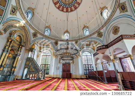 Aziziye Mosque interior, showcasing its ornate dome, mihrab, and prayer hall in Konya, Turkey Aziziye Mosque interior, showcasing its ornate dome, mihrab, and prayer hall in Konya, Turkey 130685722