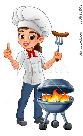 Cartoon Woman Female Chef Grilling Barbecue Cartoon Woman Female Chef Grilling Barbecue 130685802