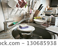 Messy kitchen with dirty dishes, cups, utensils, and knives on the counter near the sink, everyday household clutter and cleaning chores concept.  130685938