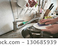 Close up of woman's hands washing dishes on Messy kitchen with dirty cups, cutlery and knives on countertop near sink - everyday mess and cleaning. Household routine. 130685939