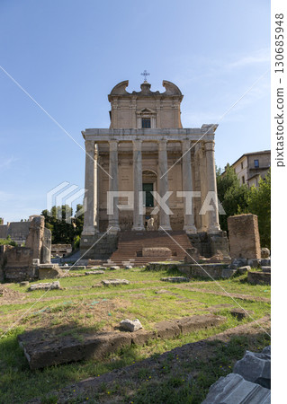 Rome, Italy - August 17, 2019: Temple of Antoninus and Faustina - Temple at the Roman Forum, built in 141 AD by order of Emperor Antoninus Pius Rome, Italy - August 17, 2019: Temple of Antoninus and Faustina - Temple at the Roman Forum, built in 141 AD by order of Emperor Antoninus Pius 130685948