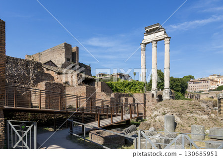 Rome, Italy - August 17, 2019: The ruins of the Temple of Dioscuri - one of the oldest temples in the Roman Forum 130685951