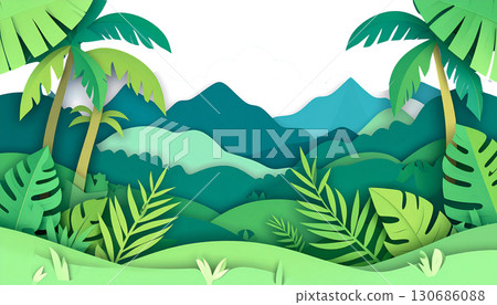 Tropical island landscape with green palm trees, blue sky and ocean isolated on white background. Tropical island landscape with green palm trees, blue sky and ocean isolated on white background. 130686088
