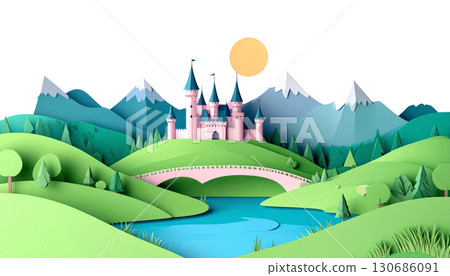 Cartoon fantasy landscape with fairytale castle, green trees, colorful flowers and river under summer sky isolated on white background. Cartoon fantasy landscape with fairytale castle, green trees, colorful flowers and river under summer sky isolated on white background. 130686091