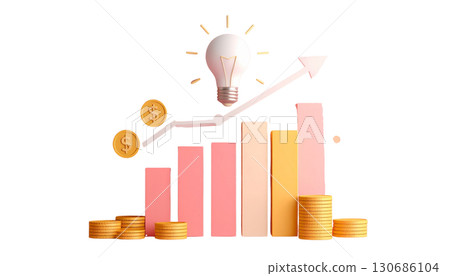 Energy-saving bulb illuminates a 3D business graph illustrating financial growth and market success with an upward arrow Energy-saving bulb illuminates a 3D business graph illustrating financial growth and market success with an upward arrow 130686104