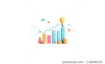 Energy-saving bulb illuminates a 3D business graph illustrating financial growth and market success with an upward arrow Energy-saving bulb illuminates a 3D business graph illustrating financial growth and market success with an upward arrow 130686105