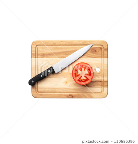Wooden cutting board with knife and fresh vegetables isolated on white background. 130686396