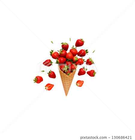 Fresh ripe red strawberries and berries in a bowl with cream. Sweet and healthy summer fruit dessert isolated on white background. 130686421
