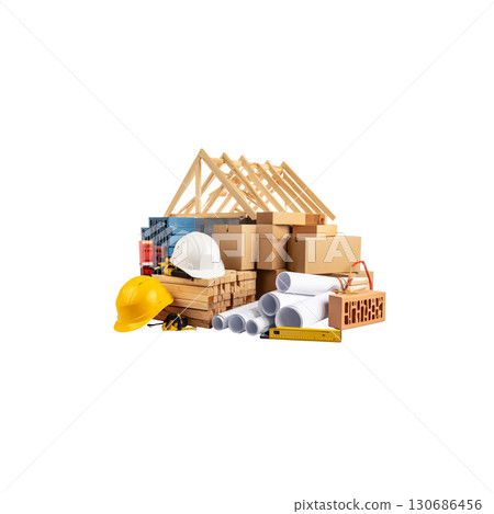 Detached 3D model of a house made of building blocks, representing a residential construction project concept on a white background. 130686456