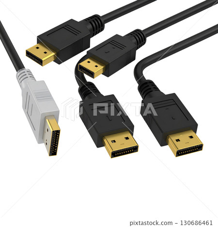 Isolated white USB flash drive and black and white USB cables isolated on white background. 130686461