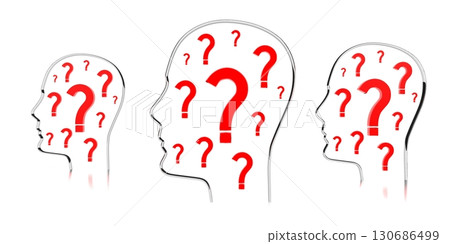 Head shapes, question marks - 3D illustration Head shapes, question marks - 3D illustration 130686499