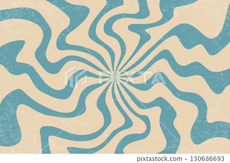Retro groovy pattern of swirl sun rays. Spiral psychedelic wavy burst background. 70s vector funky summer bg for poster. Vintage radial design. Playful circular blue print 130686693