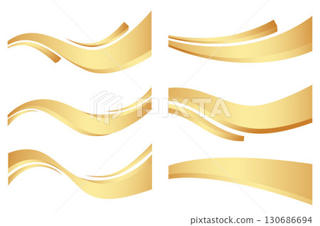 Golden wavy ribbons with swoosh lines. Curved shapes. Award swirl elements for banners and frames. Luxury fluid borders and headers. Vector shiny dividers 130686694